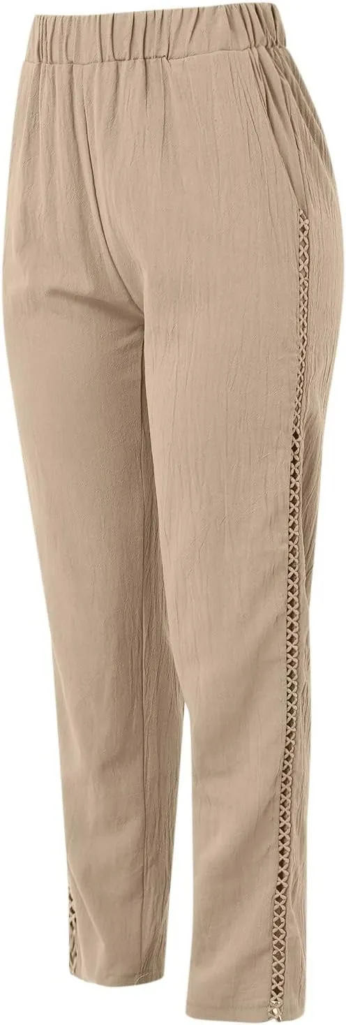 Harem Sexy Elastic Waist Pants for Women Cutout Casual Linen Pants Cotton Linen Loose Fitting Womens Pants for Summer