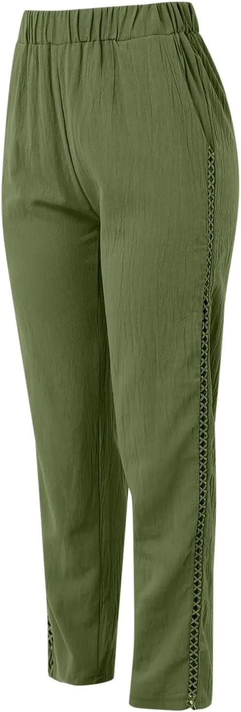 Harem Sexy Elastic Waist Pants for Women Cutout Casual Linen Pants Cotton Linen Loose Fitting Womens Pants for Summer