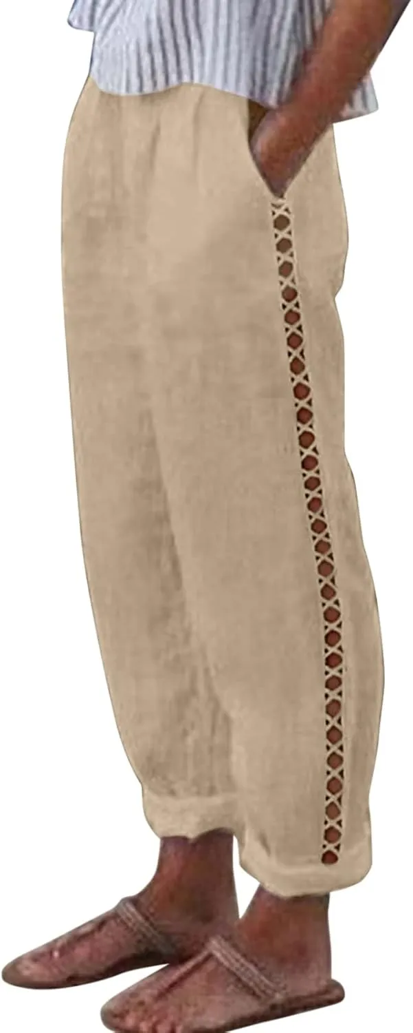 Harem Sexy Elastic Waist Pants for Women Cutout Casual Linen Pants Cotton Linen Loose Fitting Womens Pants for Summer