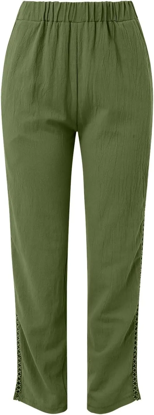 Harem Sexy Elastic Waist Pants for Women Cutout Casual Linen Pants Cotton Linen Loose Fitting Womens Pants for Summer