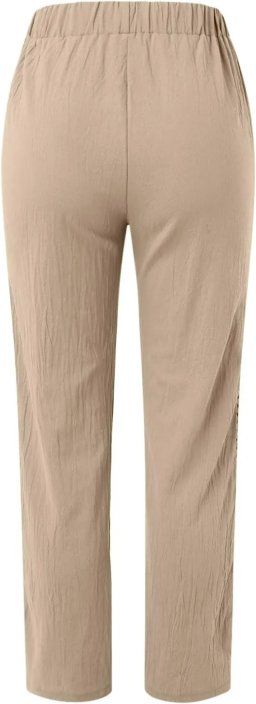 Harem Sexy Elastic Waist Pants for Women Cutout Casual Linen Pants Cotton Linen Loose Fitting Womens Pants for Summer