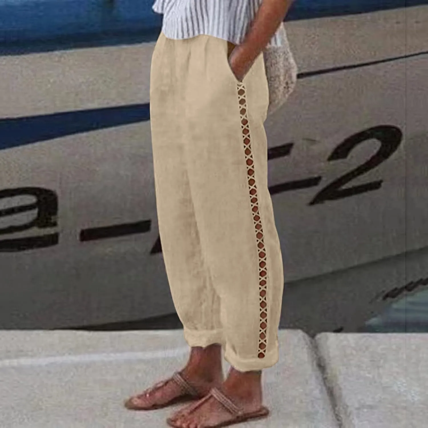 Harem Sexy Elastic Waist Pants for Women Cutout Casual Linen Pants Cotton Linen Loose Fitting Womens Pants for Summer