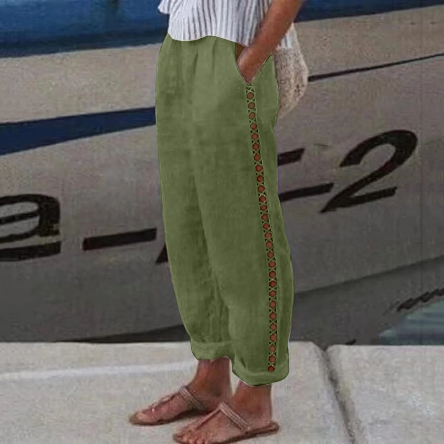 Harem Sexy Elastic Waist Pants for Women Cutout Casual Linen Pants Cotton Linen Loose Fitting Womens Pants for Summer