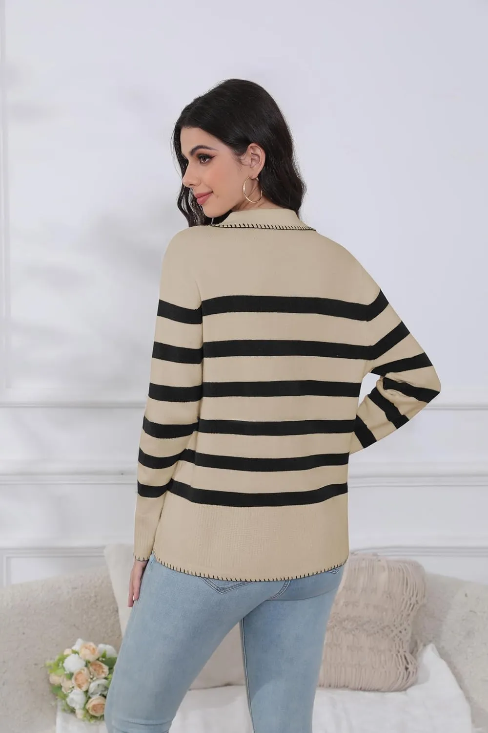 HVT Womens V Neck Collared Sweaters Striped Long Sleeve Fall Winter Pullover Sweaters Trendy Knit Pullover Tops