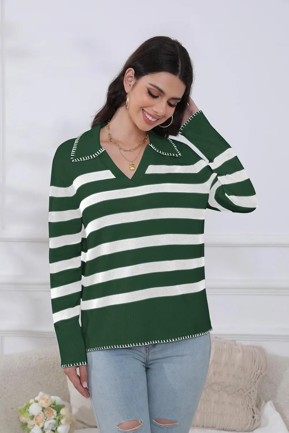 HVT Womens V Neck Collared Sweaters Striped Long Sleeve Fall Winter Pullover Sweaters Trendy Knit Pullover Tops