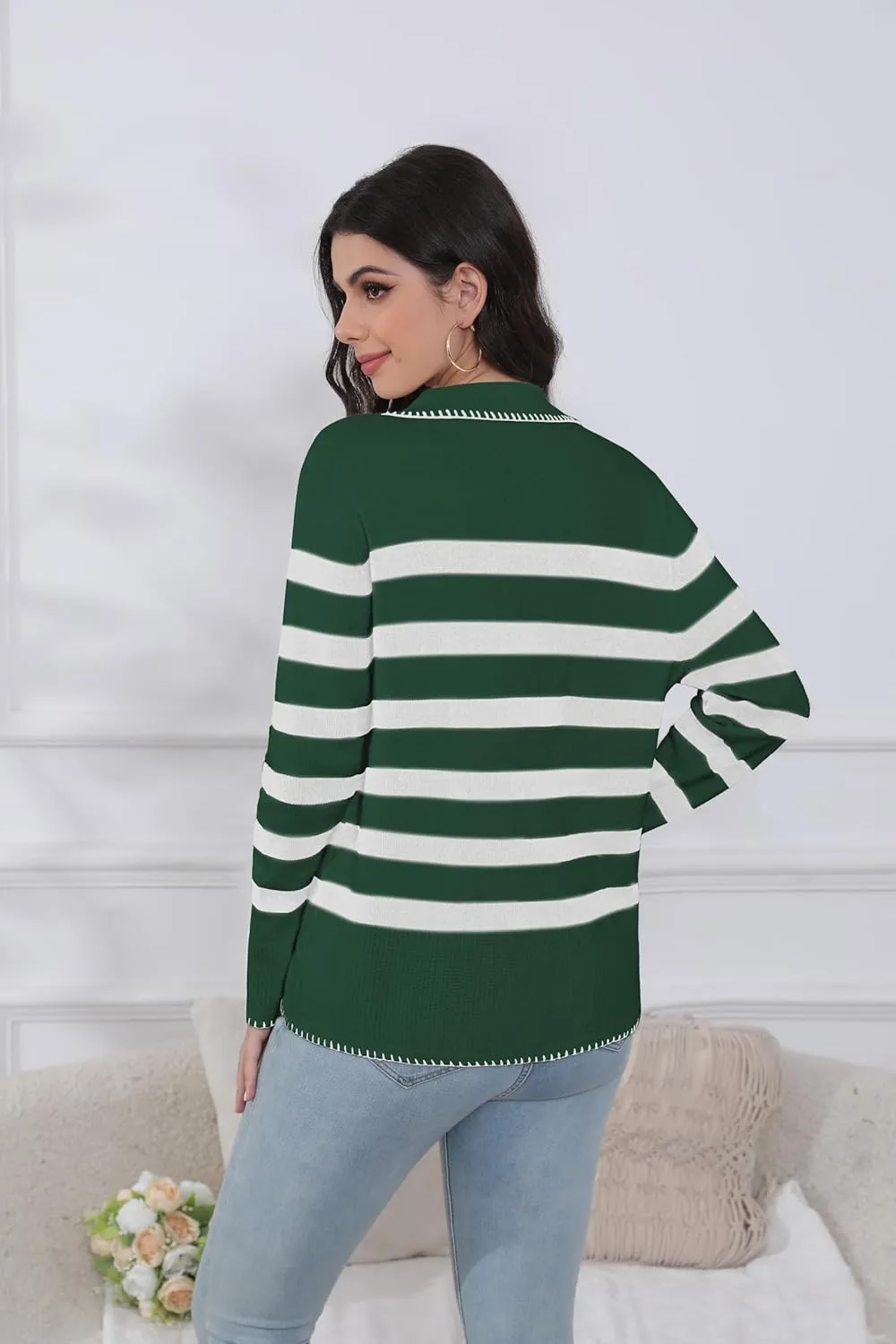 HVT Womens V Neck Collared Sweaters Striped Long Sleeve Fall Winter Pullover Sweaters Trendy Knit Pullover Tops