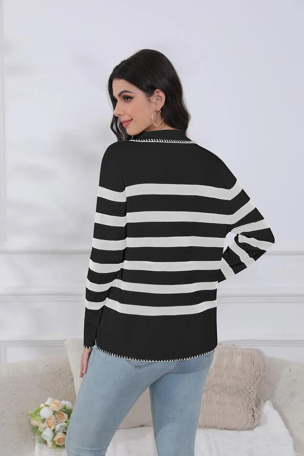 HVT Womens V Neck Collared Sweaters Striped Long Sleeve Fall Winter Pullover Sweaters Trendy Knit Pullover Tops