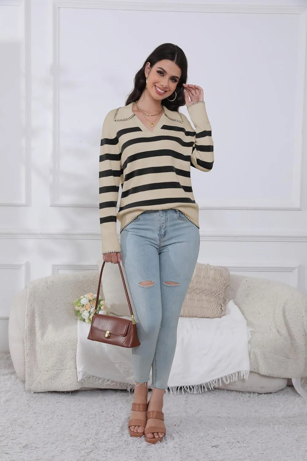 HVT Womens V Neck Collared Sweaters Striped Long Sleeve Fall Winter Pullover Sweaters Trendy Knit Pullover Tops