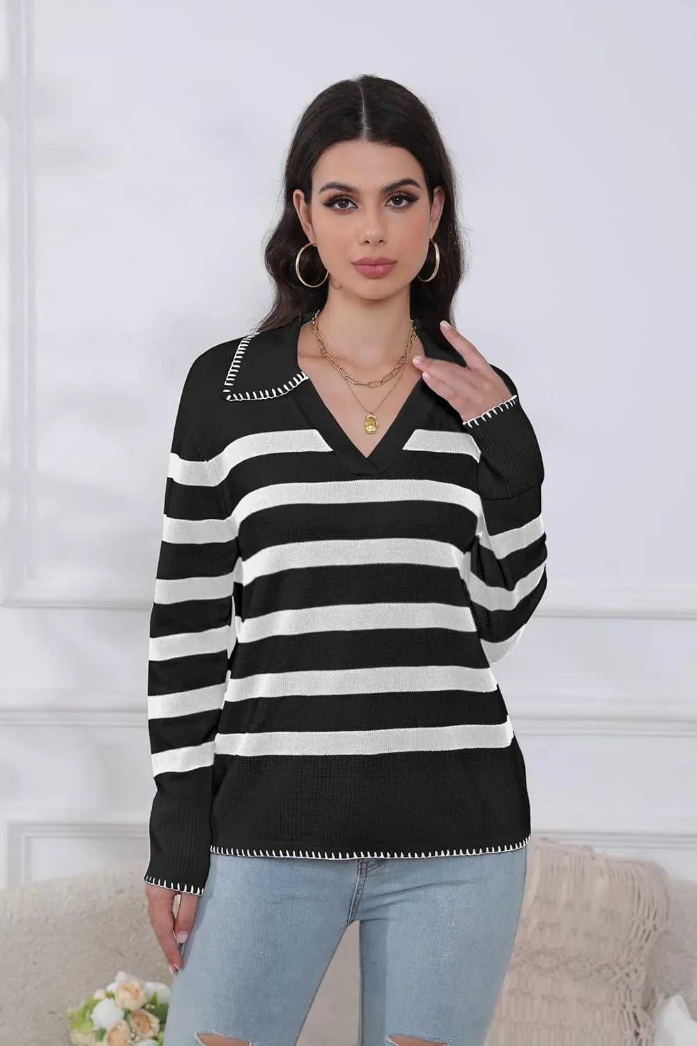 HVT Womens V Neck Collared Sweaters Striped Long Sleeve Fall Winter Pullover Sweaters Trendy Knit Pullover Tops