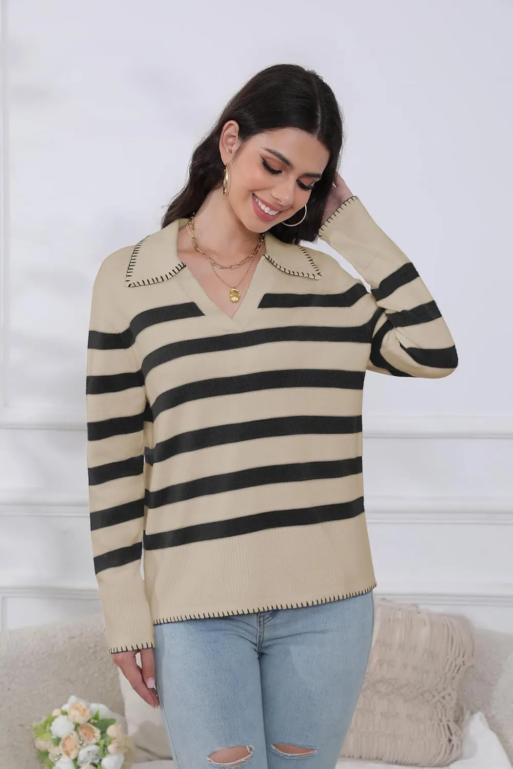 HVT Womens V Neck Collared Sweaters Striped Long Sleeve Fall Winter Pullover Sweaters Trendy Knit Pullover Tops