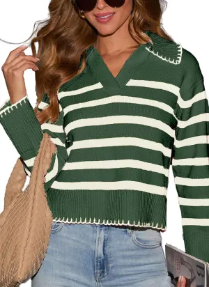HVT Womens V Neck Collared Sweaters Striped Long Sleeve Fall Winter Pullover Sweaters Trendy Knit Pullover Tops