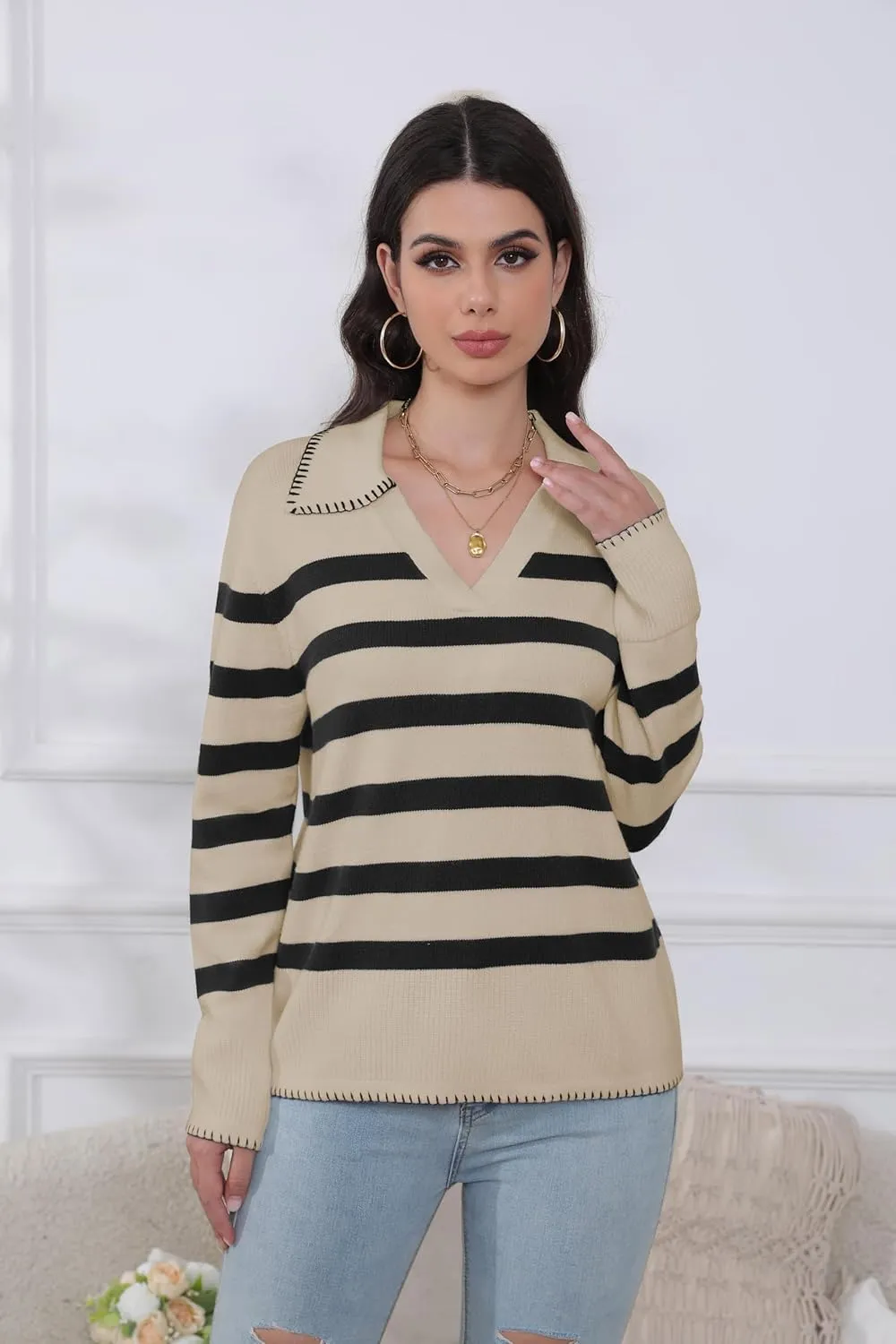 HVT Womens V Neck Collared Sweaters Striped Long Sleeve Fall Winter Pullover Sweaters Trendy Knit Pullover Tops