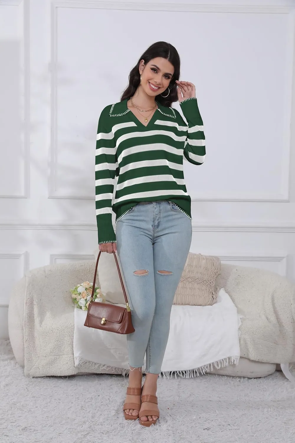 HVT Womens V Neck Collared Sweaters Striped Long Sleeve Fall Winter Pullover Sweaters Trendy Knit Pullover Tops
