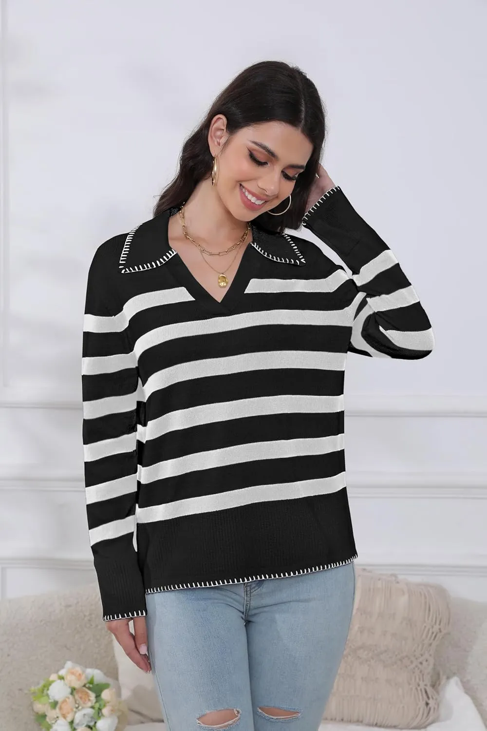 HVT Womens V Neck Collared Sweaters Striped Long Sleeve Fall Winter Pullover Sweaters Trendy Knit Pullover Tops