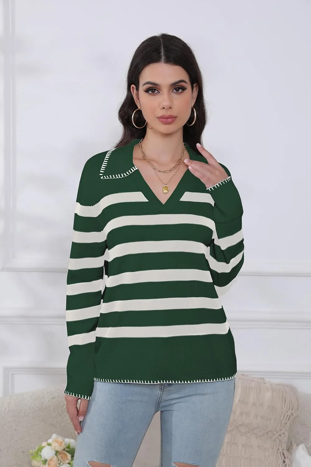 HVT Womens V Neck Collared Sweaters Striped Long Sleeve Fall Winter Pullover Sweaters Trendy Knit Pullover Tops