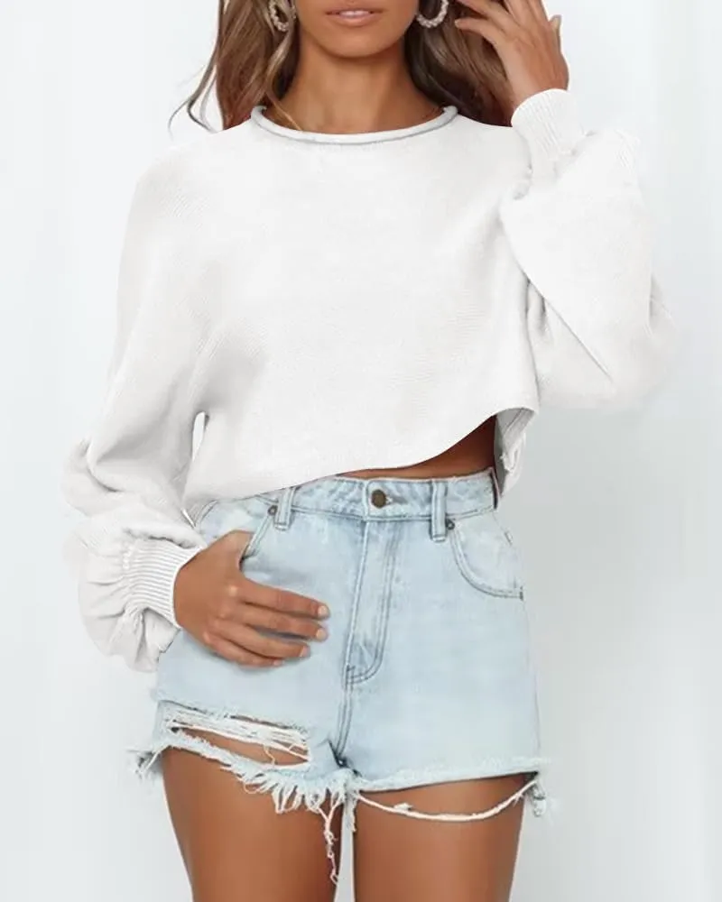 Imily Bela Cropped Sweaters for Women Lantern Long Sleeve Crop Top Slouchy Trendy Loose Crewneck Pullover Sweater