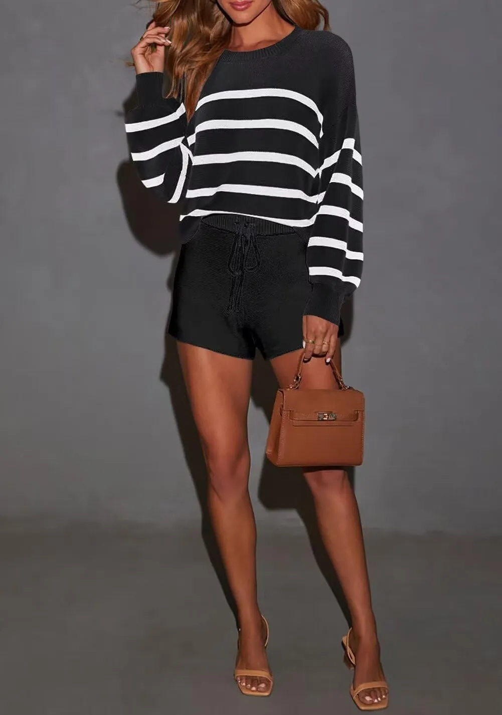 INFITTY Striped Sweater Women Casual Crewneck Long Sleeve Ribbed Knitted Cropped Oversized Top