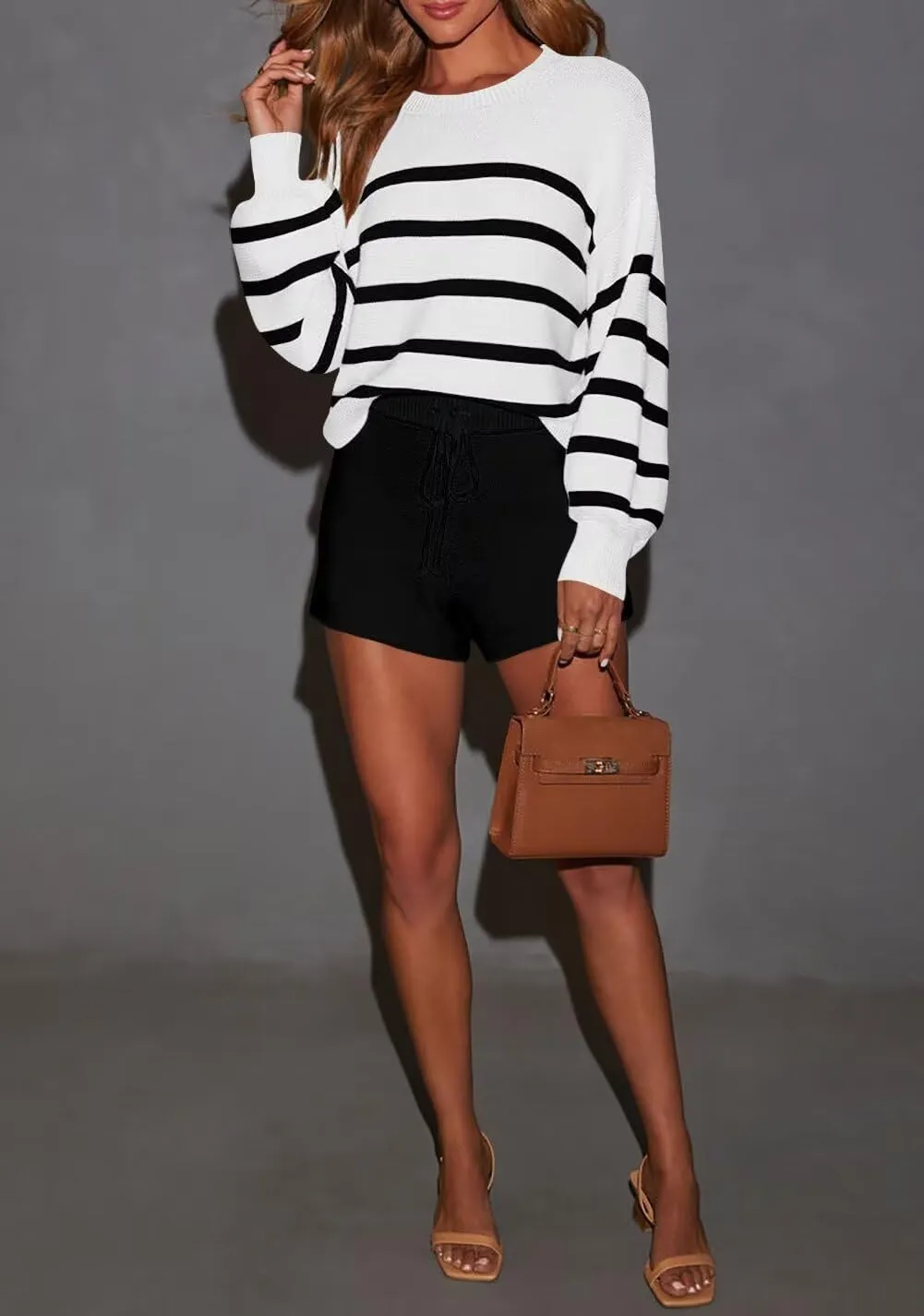 INFITTY Striped Sweater Women Casual Crewneck Long Sleeve Ribbed Knitted Cropped Oversized Top
