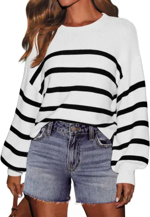 INFITTY Striped Sweater Women Casual Crewneck Long Sleeve Ribbed Knitted Cropped Oversized Top