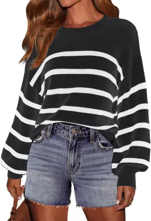 INFITTY Striped Sweater Women Casual Crewneck Long Sleeve Ribbed Knitted Cropped Oversized Top