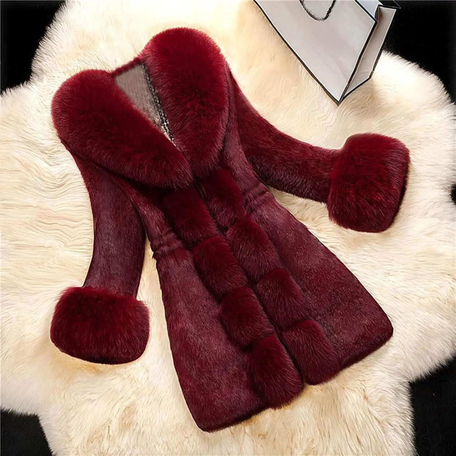 iQKA Women Winter Coat Faux Fur Fluffy Zip Up Jacket Outwear Plus Size Trench Coat Oversized Overcoat S-5XL