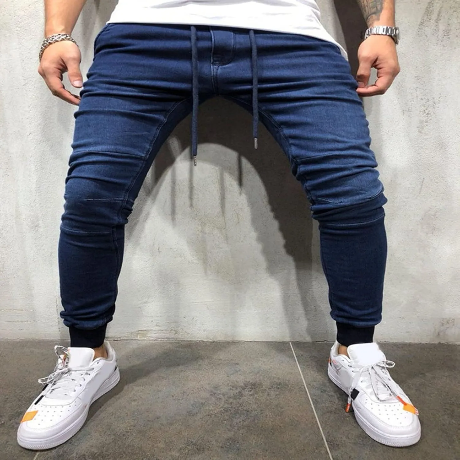 Jeans Fashion Trousers Pocket Drawstring Waist Solid Color Slim Toe Jeans Pants Straight Mid Rise Jeans Men's Pants