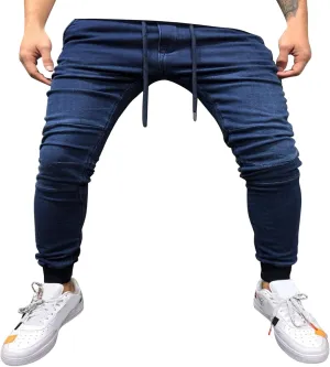 Jeans Fashion Trousers Pocket Drawstring Waist Solid Color Slim Toe Jeans Pants Straight Mid Rise Jeans Men's Pants