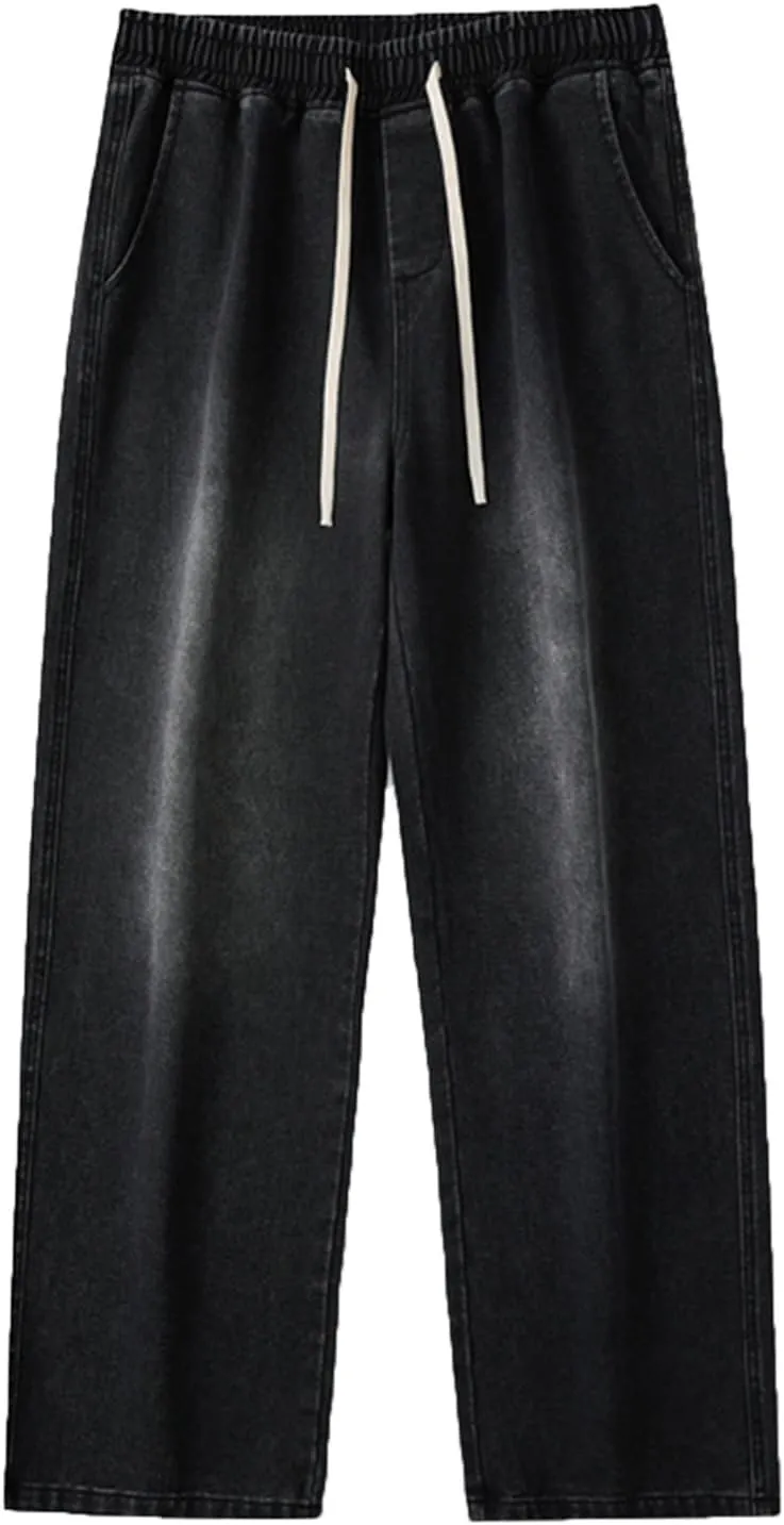 Jeans Fashion Trousers Pocket Drawstring Waist Solid Color Slim Toe Jeans Pants Straight Mid Rise Jeans Men's Pants