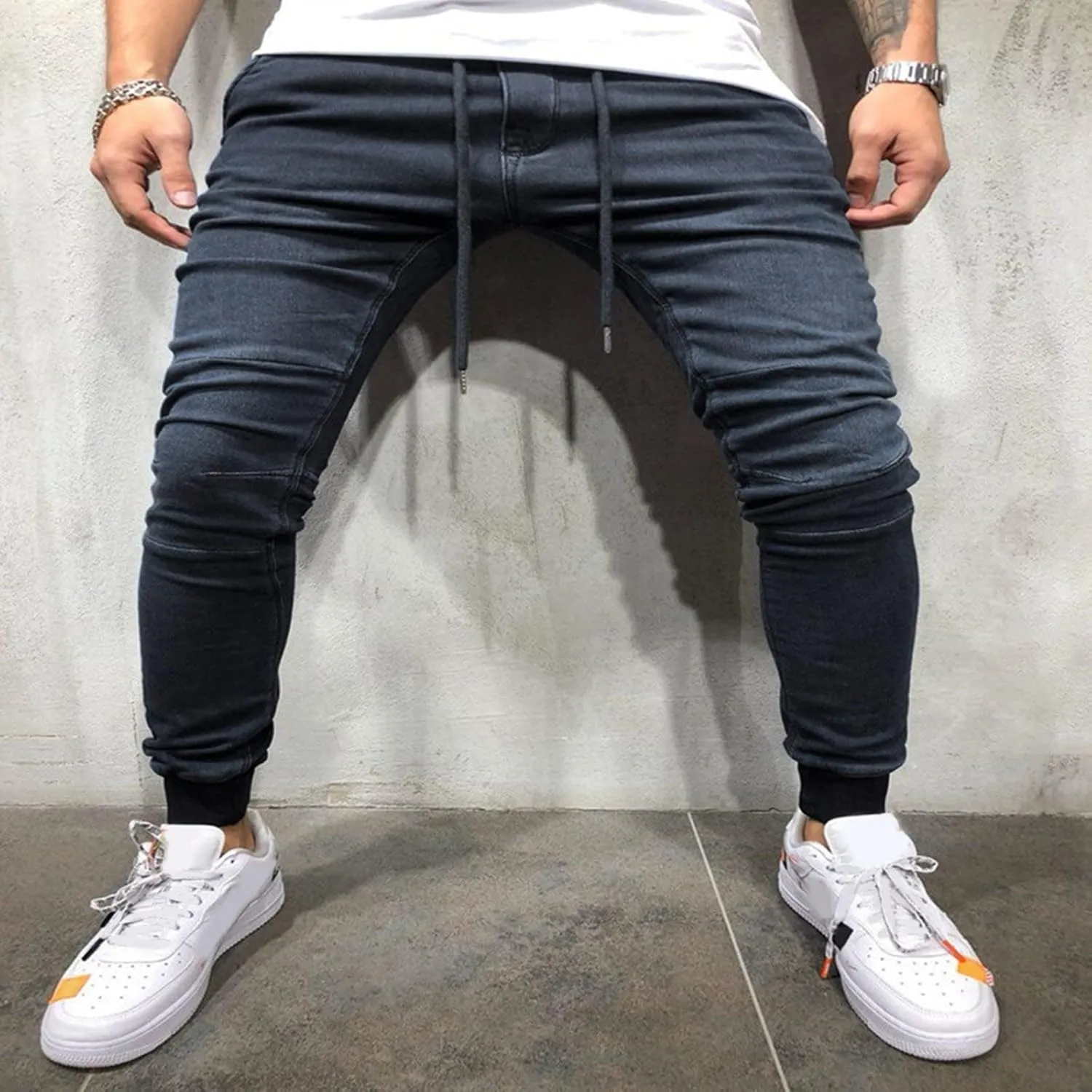 Jeans Fashion Trousers Pocket Drawstring Waist Solid Color Slim Toe Jeans Pants Straight Mid Rise Jeans Men's Pants