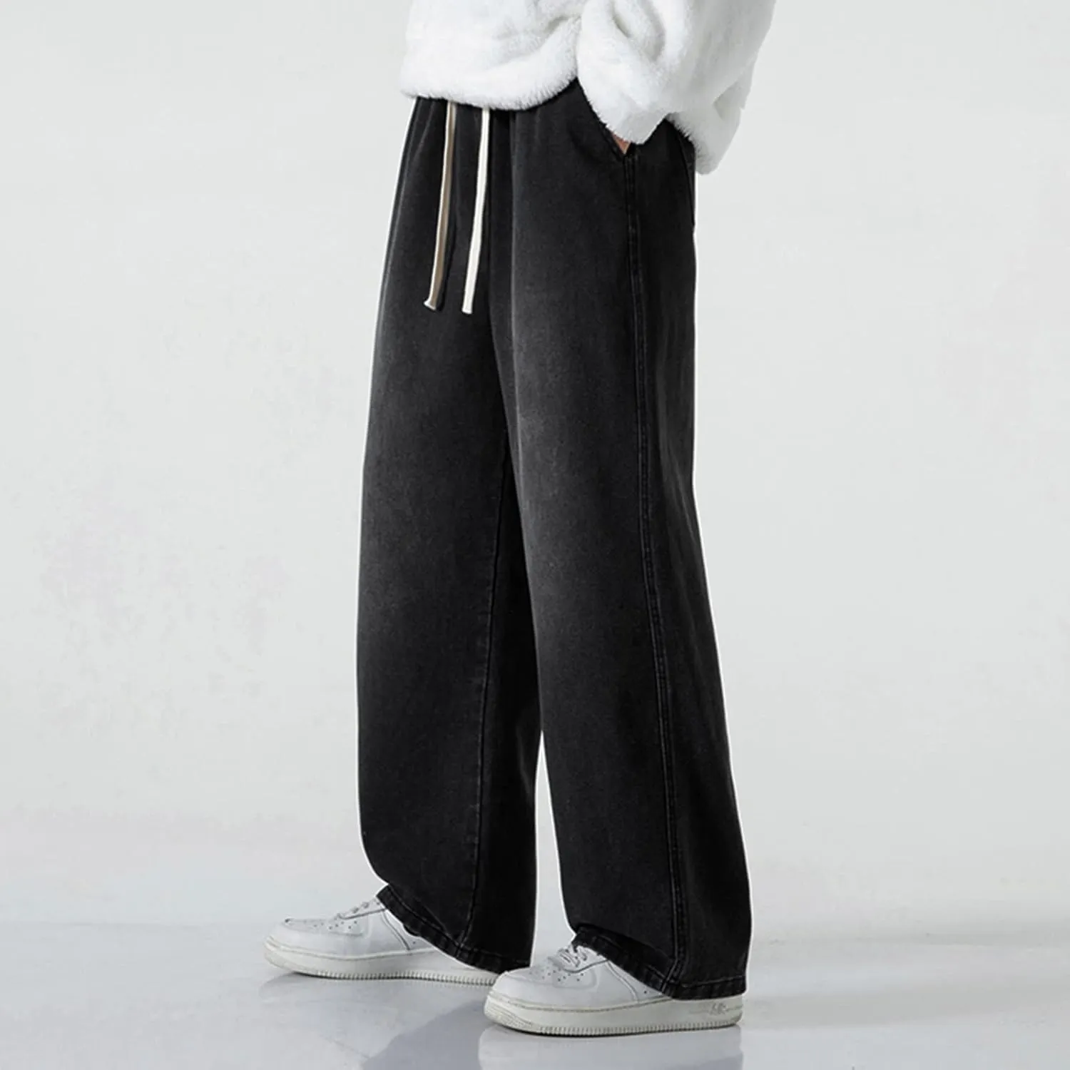 Jeans Fashion Trousers Pocket Drawstring Waist Solid Color Slim Toe Jeans Pants Straight Mid Rise Jeans Men's Pants
