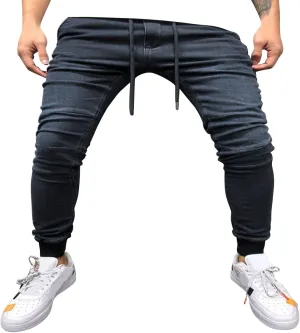 Jeans Fashion Trousers Pocket Drawstring Waist Solid Color Slim Toe Jeans Pants Straight Mid Rise Jeans Men's Pants