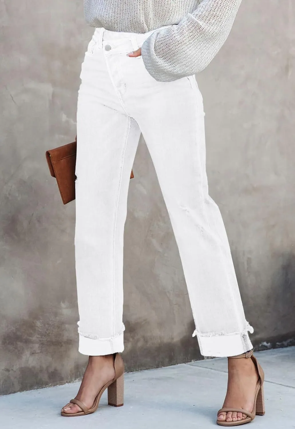 Jeans for Women Trendy High Waisted Corssover Boyfriend Jeans Distressed Stretchy Denim Pants