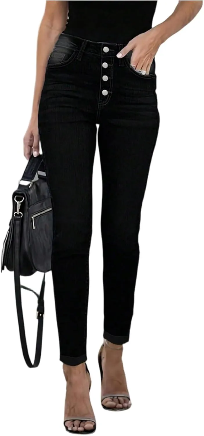 Jeans for Women Trendy Jeggings High Waisted Button Fly Skinny Jeans Cuffed Denim Ankle Pants with Pockets