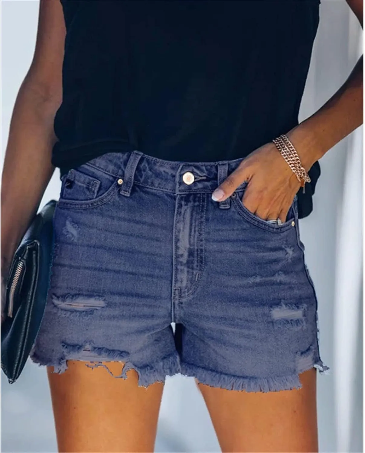 JEKE-DG Women Mid Rise Ripped Stretchy Jeans Casual High Waisted Denim Shorts Frayed Raw Hem Distressed Jean Shorts
