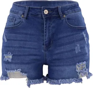 JEKE-DG Women Mid Rise Ripped Stretchy Jeans Casual High Waisted Denim Shorts Frayed Raw Hem Distressed Jean Shorts