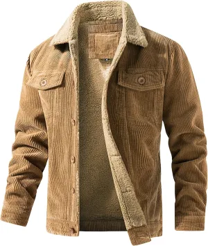 JEShifangjiusu Men'S Corduroy Sherpa Trucker Jacket Slim Fit Button Down Fall Winter Coat Lapel Thickened Coat Multi Pocket