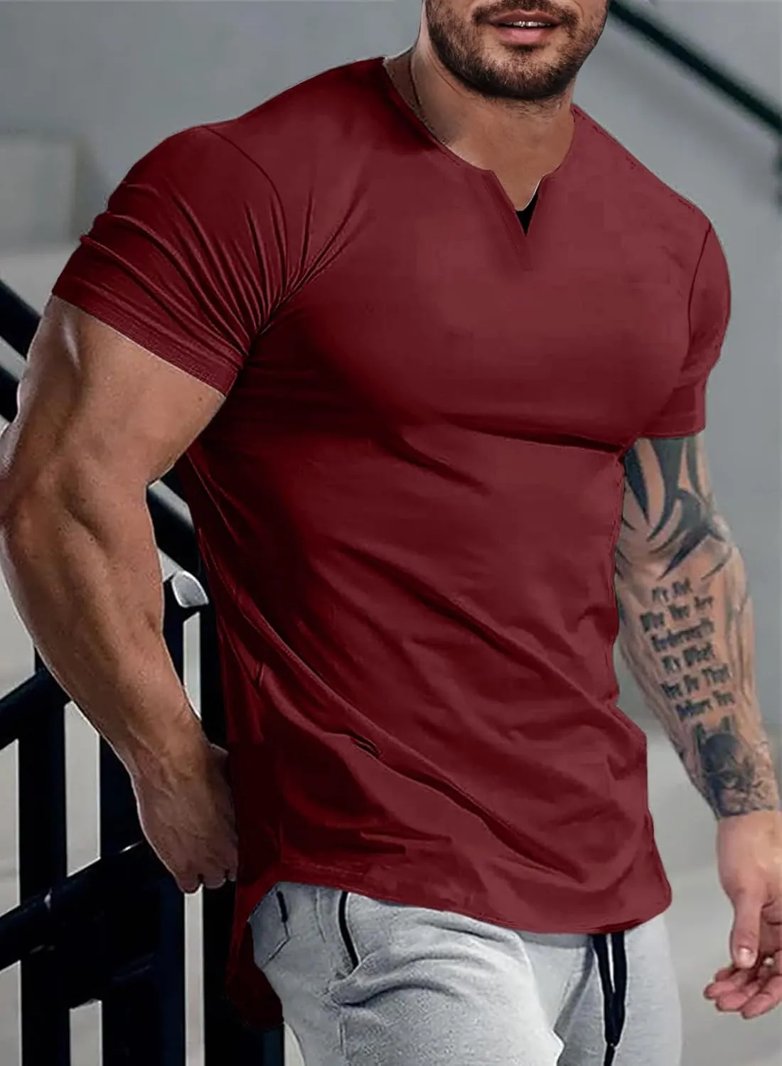 JMIERR Mens Muscle Slim T Shirts Summer V Neck Gym Shirt Casual Cotton Workout Athletic Longline Tees