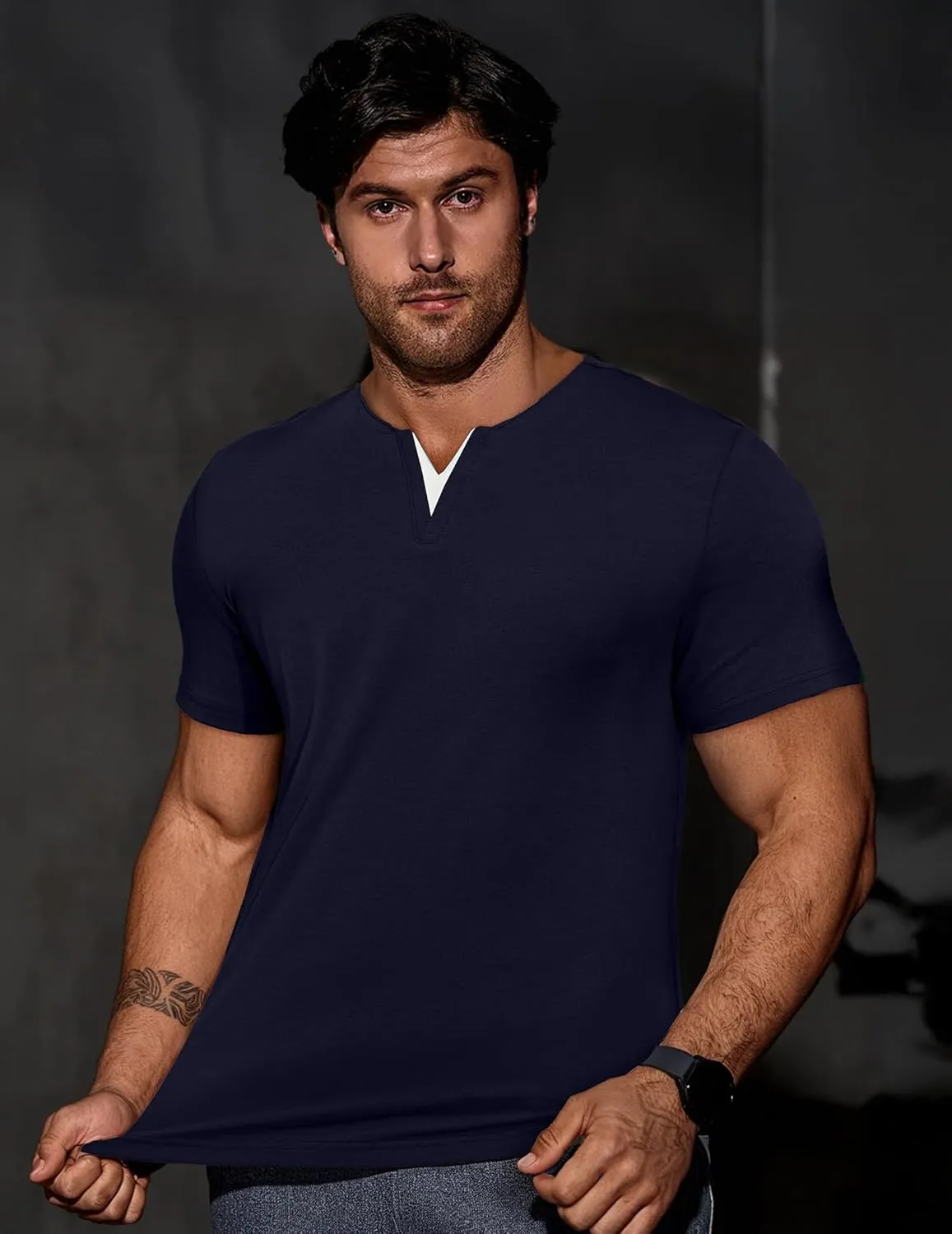JMIERR Mens Muscle Slim T Shirts Summer V Neck Gym Shirt Casual Cotton Workout Athletic Longline Tees
