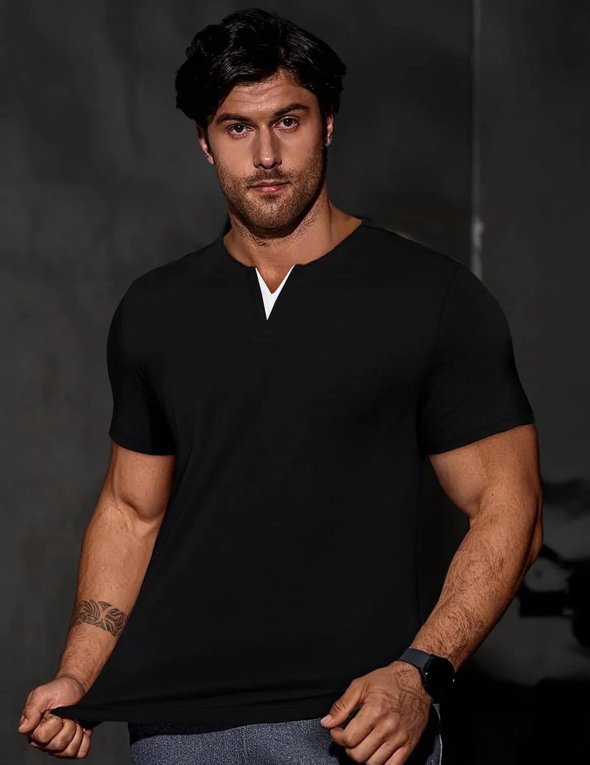 JMIERR Mens Muscle Slim T Shirts Summer V Neck Gym Shirt Casual Cotton Workout Athletic Longline Tees