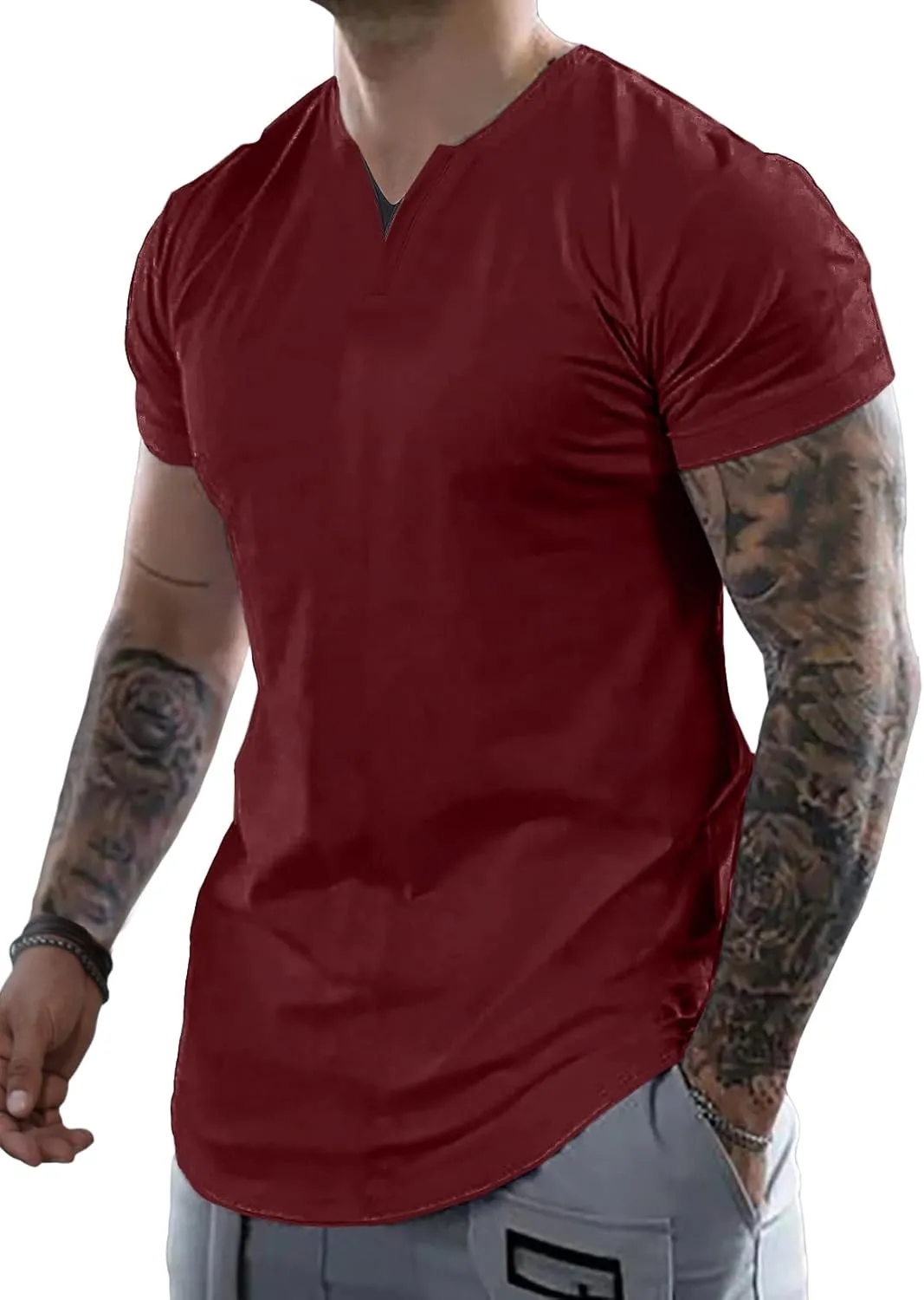 JMIERR Mens Muscle Slim T Shirts Summer V Neck Gym Shirt Casual Cotton Workout Athletic Longline Tees