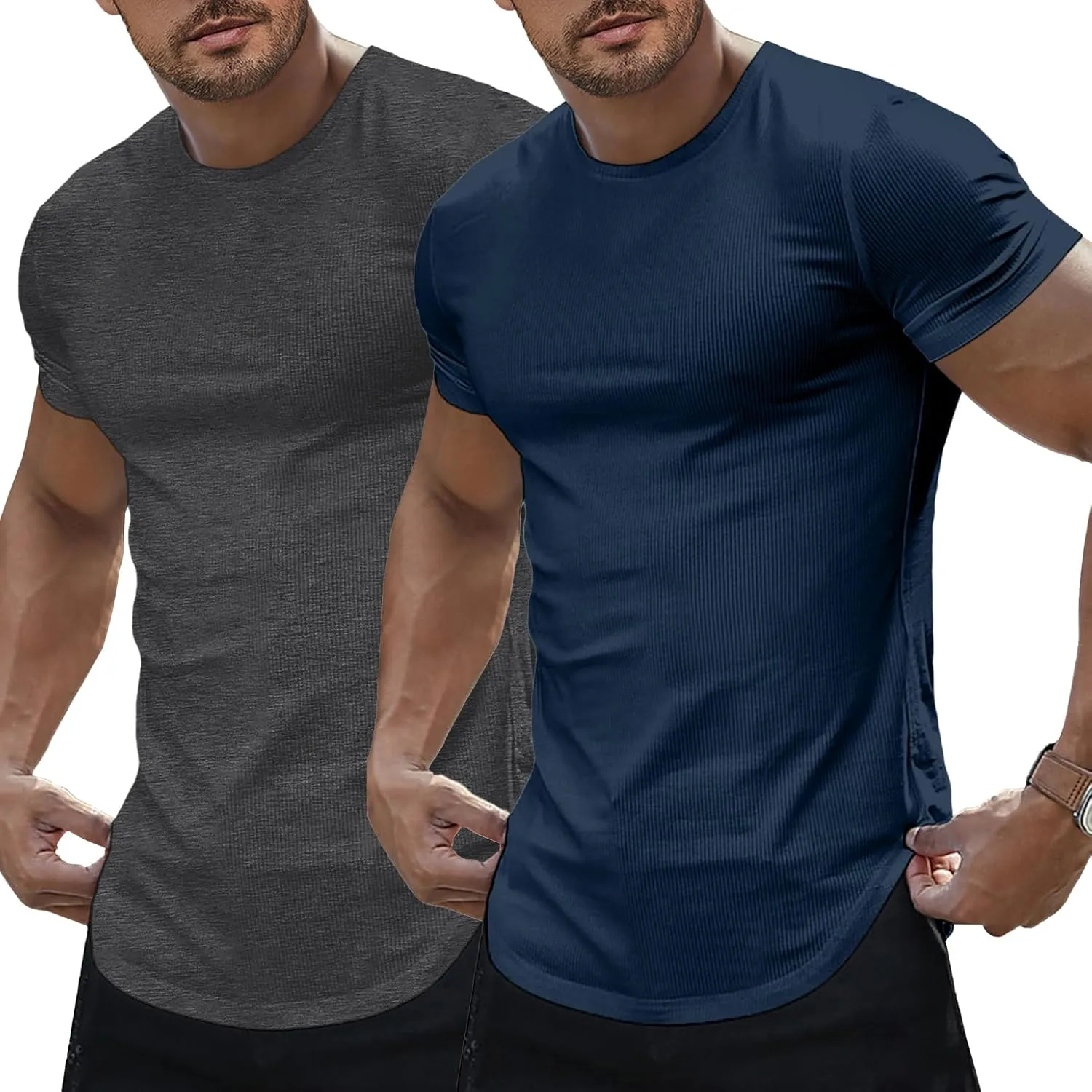 JMIERR Mens Short Sleeve T Shirt Summer Muscle Slim Fitted Crewneck Longline Tees Shirts for Gym Workout