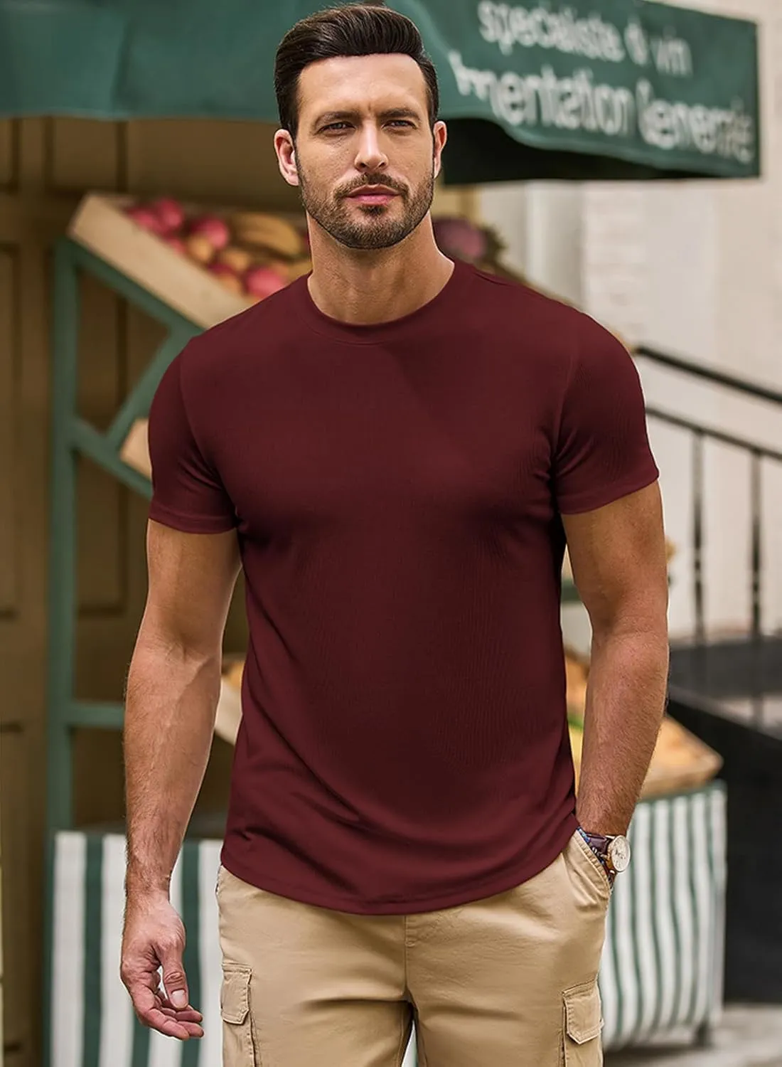 JMIERR Mens Short Sleeve T Shirt Summer Muscle Slim Fitted Crewneck Longline Tees Shirts for Gym Workout