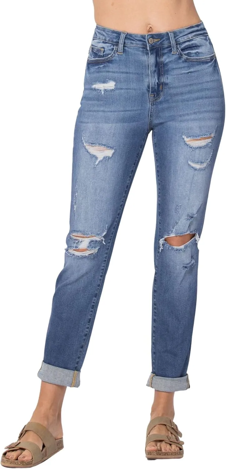 Judy Blue Women's High Waist Cuffed Destroyed Boyfriend Jeans