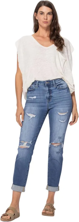 Judy Blue Women's High Waist Cuffed Destroyed Boyfriend Jeans