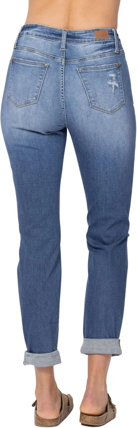 Judy Blue Women's High Waist Cuffed Destroyed Boyfriend Jeans