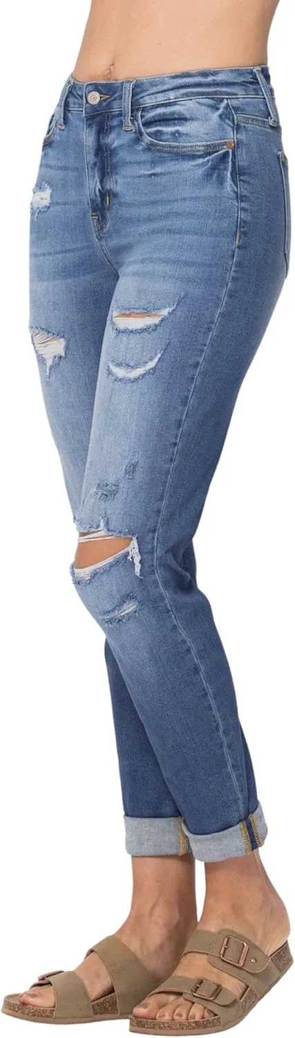 Judy Blue Women's High Waist Cuffed Destroyed Boyfriend Jeans