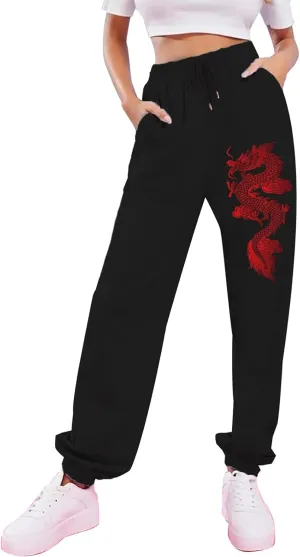 KEEVICI Women's Dragon Print Sweatpants High Waisted Joggers Yoga Workout Sports Gray Elastic Waist Pants with Pockets