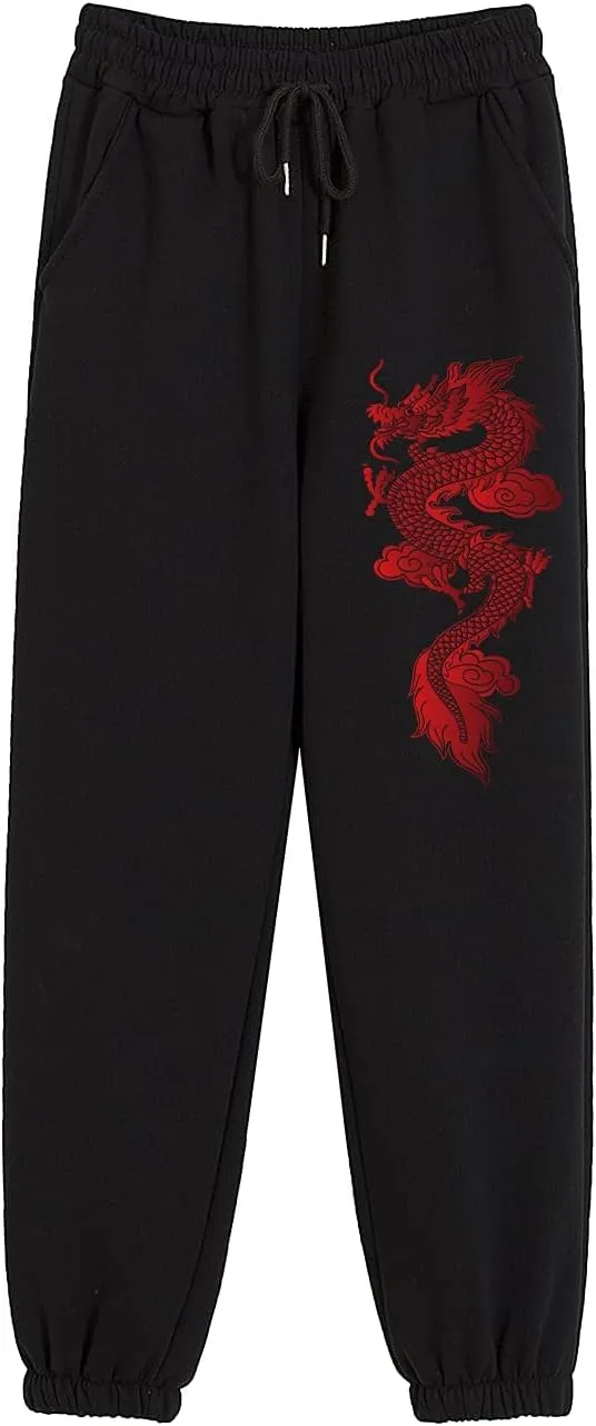 KEEVICI Women's Dragon Print Sweatpants High Waisted Joggers Yoga Workout Sports Gray Elastic Waist Pants with Pockets