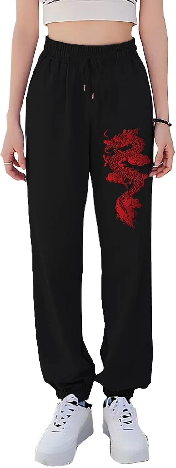 KEEVICI Women's Dragon Print Sweatpants High Waisted Joggers Yoga Workout Sports Gray Elastic Waist Pants with Pockets