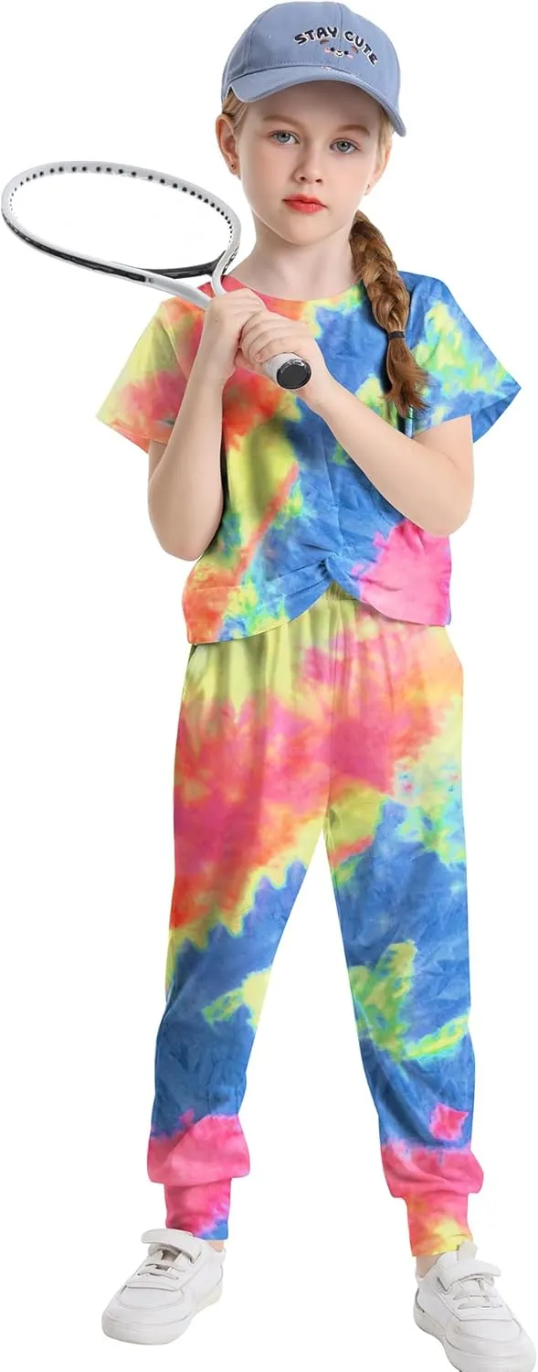 LecGee Kids Girls Tie Dye 2 Piece Sets Shortsleeve Twist Front Tops & Sweatpants Outfits Sweatsuits Tracksuits 4-13 Year